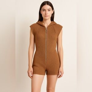 Love Sense Brown Knit Sweater Romper Zip-Front Sleeveless Jumpsuit One-Piece Med